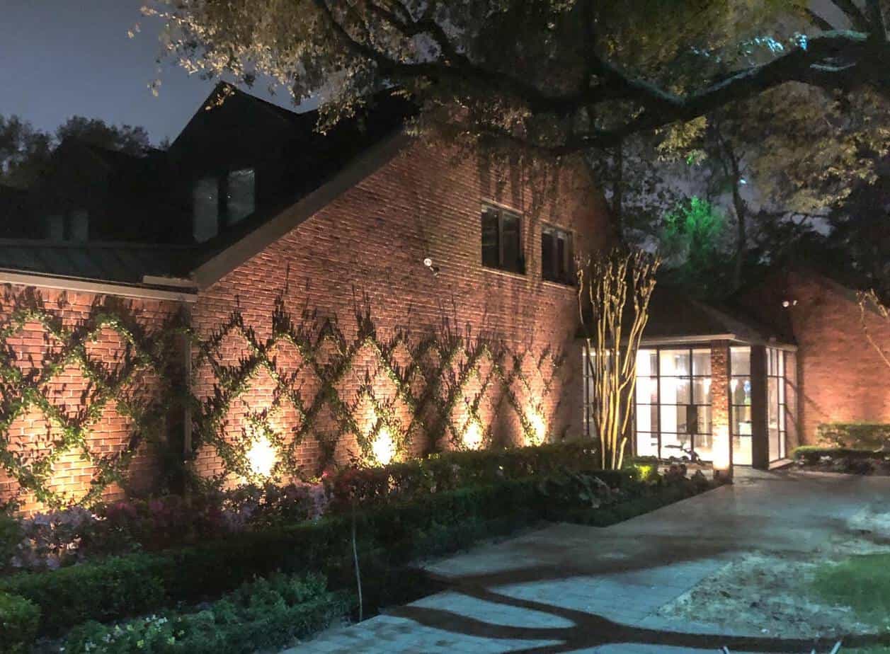 Garden lighting highlights ivy growing on the wall of a house.