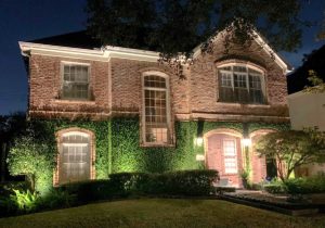 The curb appeal of a property is increased with landscape lighting that highlights the ivy growing on the side of the house