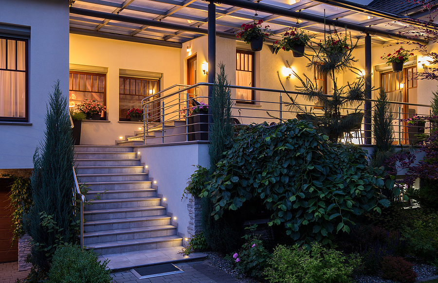 Step lighting illuminates path to patio with 2 sets of step