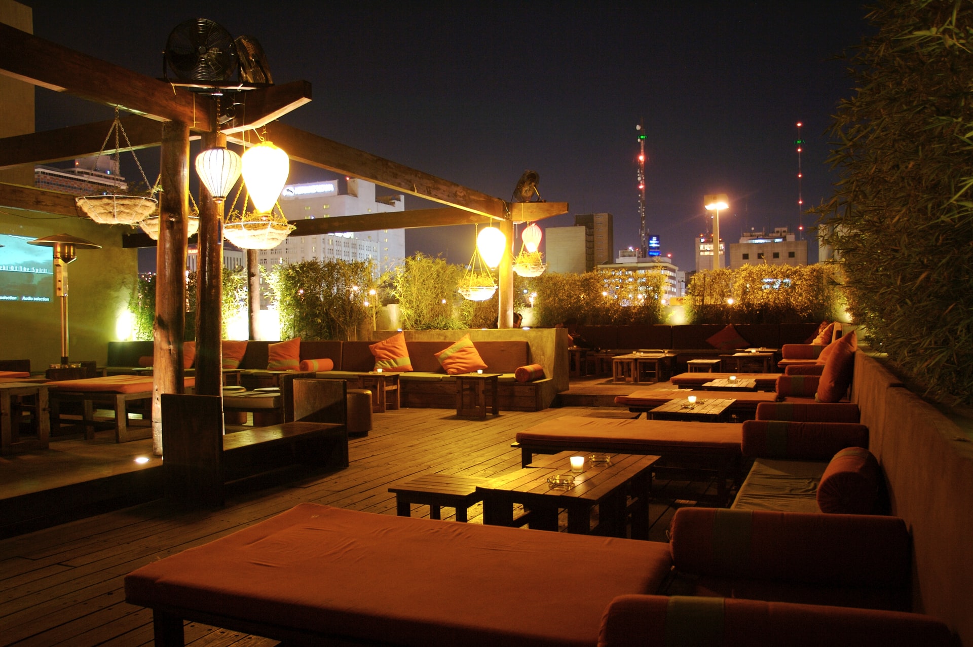 Outdoor Lights Illuminate Restaurant Patio at night