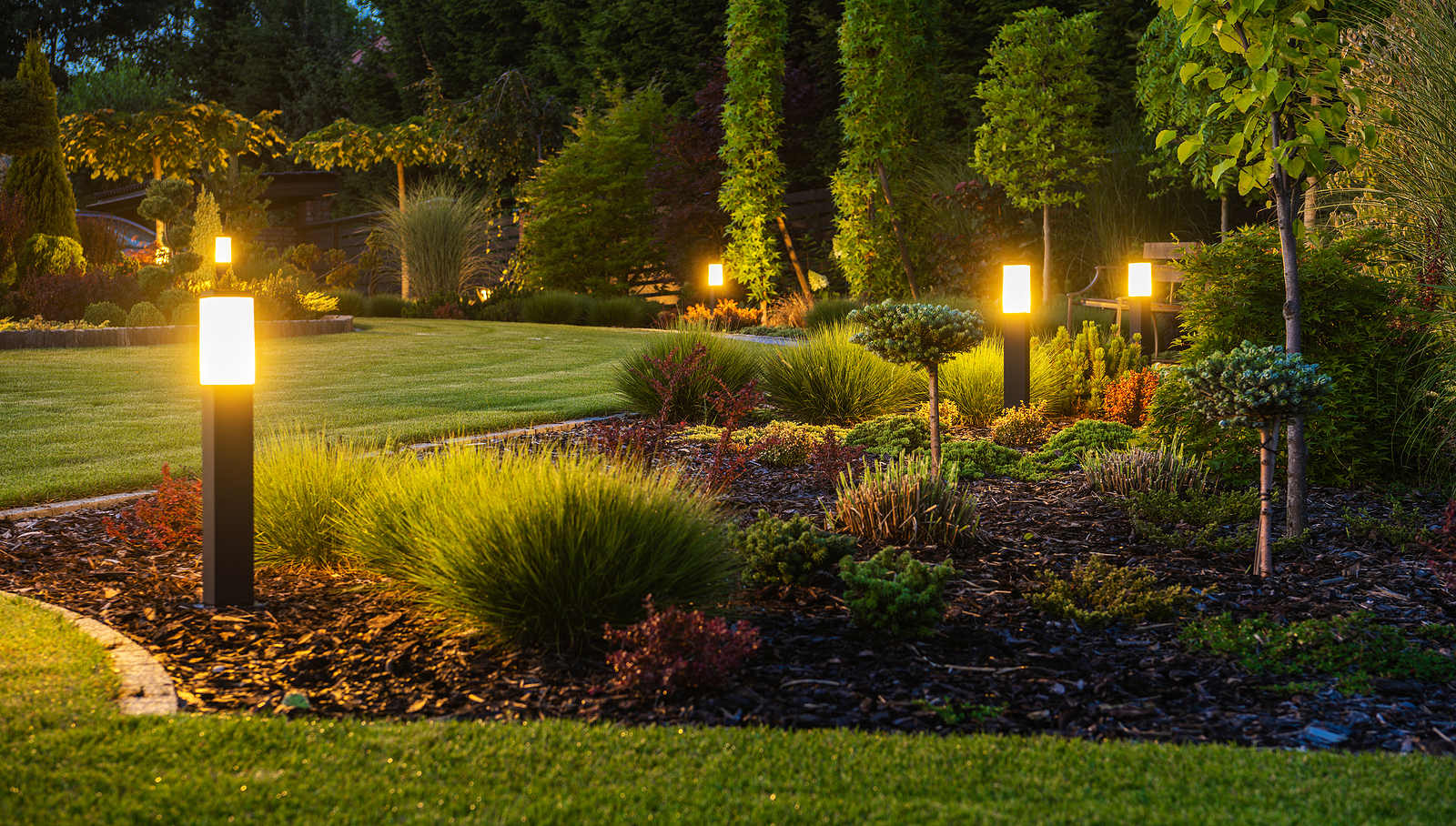 Backyard landscaping with lighting option to feel bigger