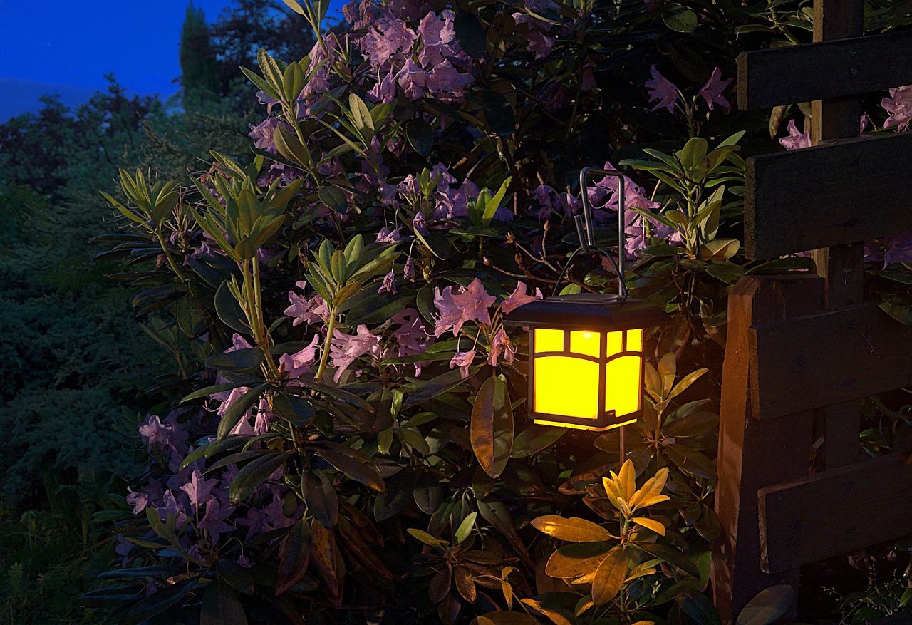 Lantern hanging in garden against bush with purple flowers. Garden Lights.
