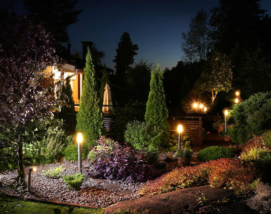 Home garden illumination autumn evening lights patio. Outdoor lighting