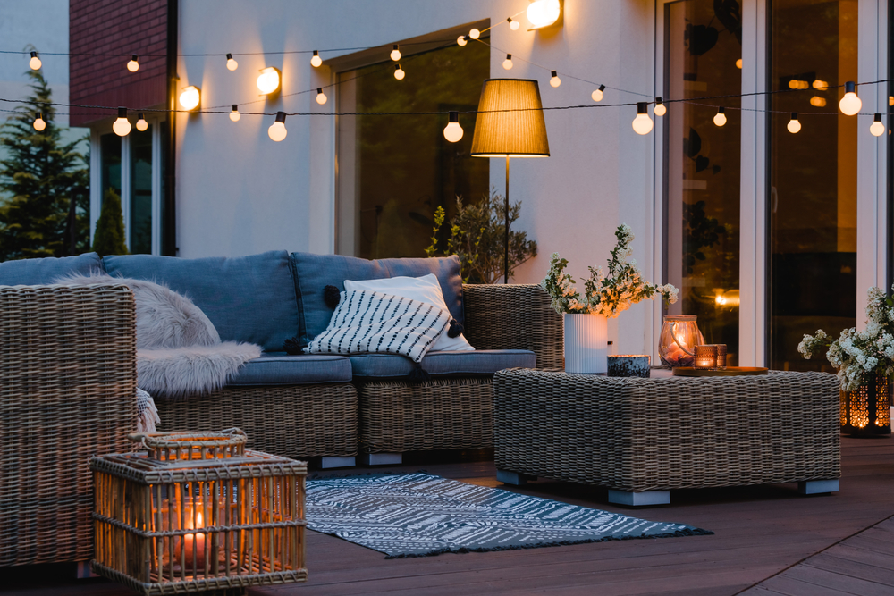 Summer,Evening,On,The,Patio,Of,Beautiful,Suburban,House,With. outdoors
