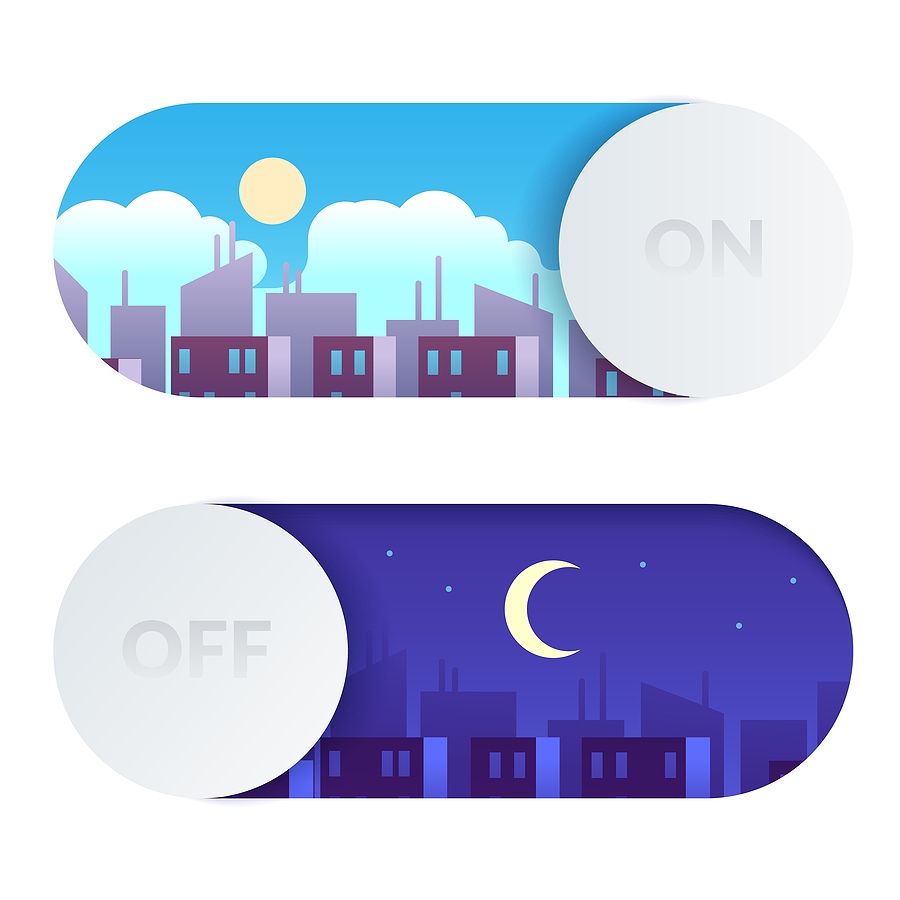 Day and night switch. Control screen lighting. Turn on or off buttons with cartoon daytime and nighttime cityscape. Morning or evening time display toggles template. Vector concept. light curfew