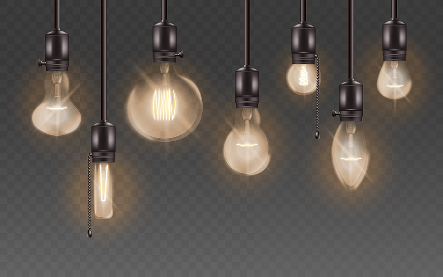 A set of realistic light bulbs illustrating different types and wattages, used to explain lighting options and energy use in watts.
