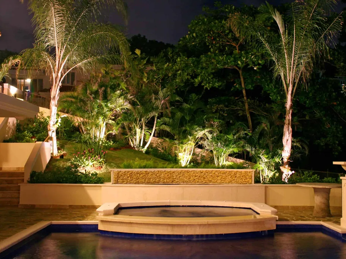 Pool terrace, planting and palms lit so the garden reads deeper than the pool edge