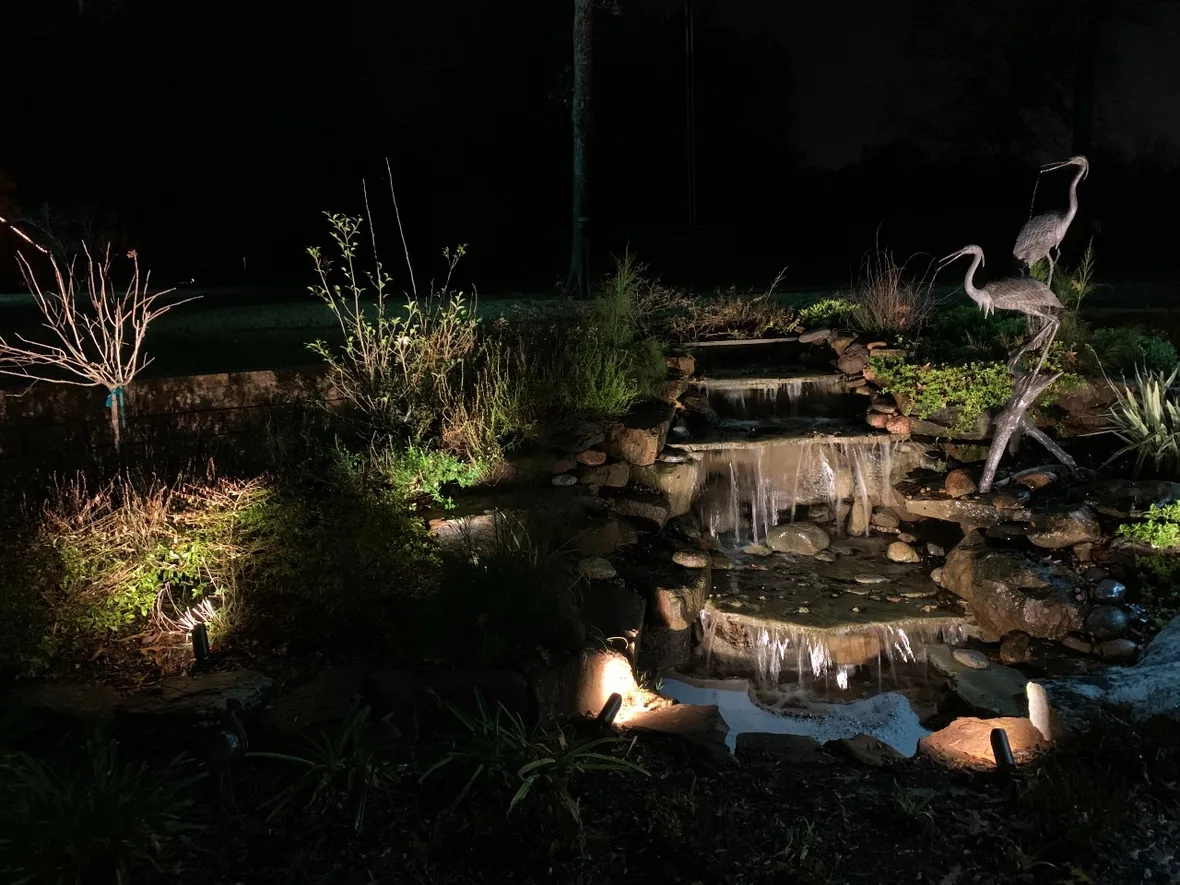 hl-pool-water-feature-1180.webp Water feature with a sculpture and planting lit beside a rock waterfall in a garden at night